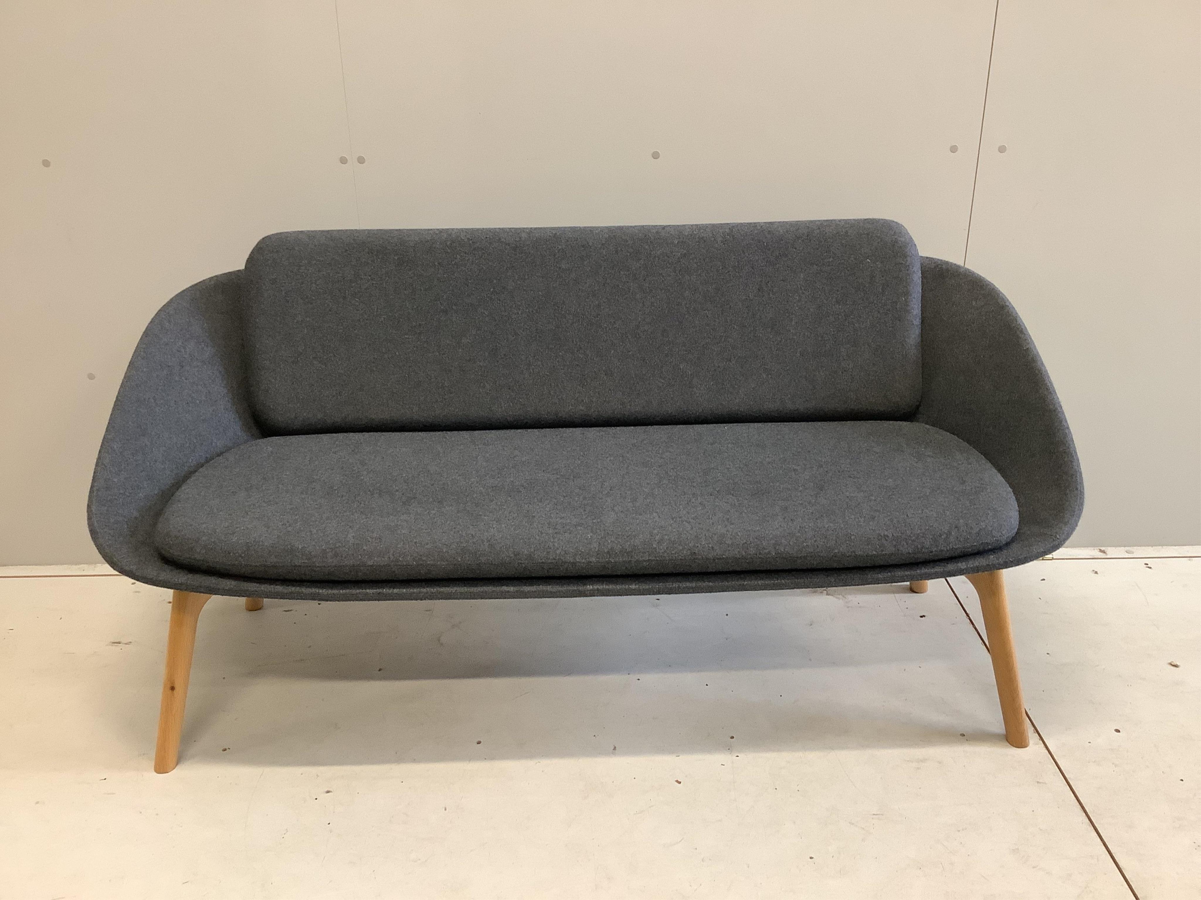 A three piece modern suite, mid century style, settee width 158cm, depth 62cm, height 76cm. Condition - good